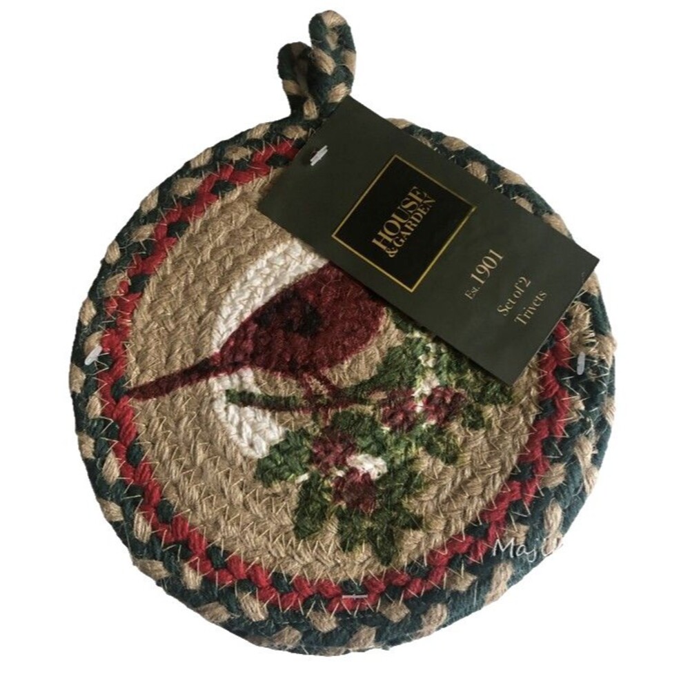 House and Garden Cardinal Christmas Bird Holiday Trivets 8" Red Green Set of 2